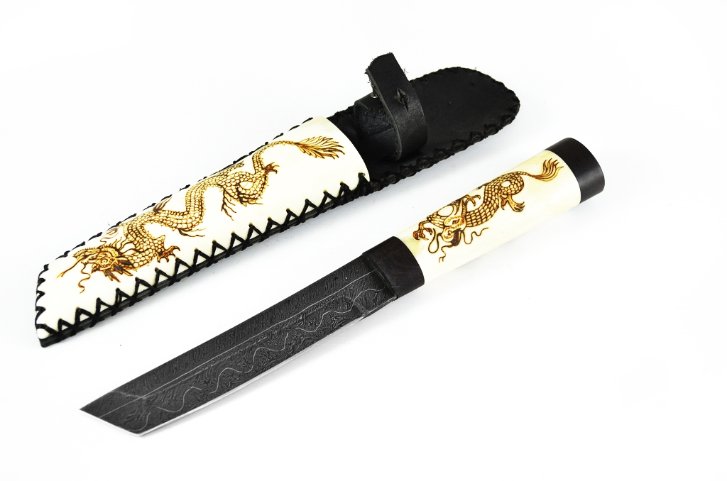 Нож Танто дам. сталь торц рукоять кость ножны кость выжигание